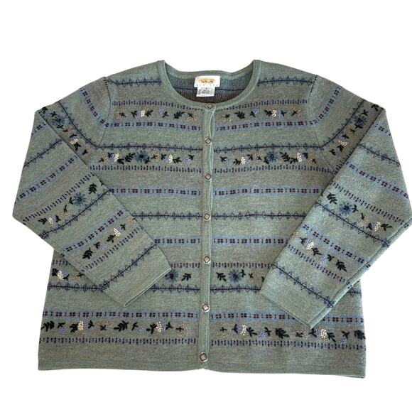VTG Talbots 100% Wool Embroidered Cardigan Women's Petite M | Sage Green | EUC - Picture 1 of 10